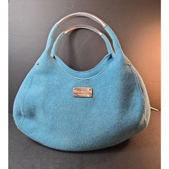 kate spade Handbags - Kate Spade New York Blue Wool Felt Hobo Bag Silver Handles Polka Dot Lining